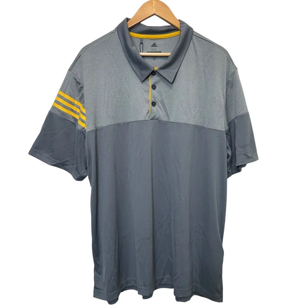 Adidas Mens Golf Polo 2XL Grey Yellow Three Stripe Colorblock Sporty Performance